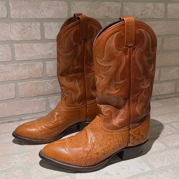 Tony Lama Classic Men's Rich Caramel  Ostrich Skin Western Boots Size 11D - Picture 2 of 10